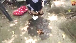 Woman shits on the ground and then steps in it wearing a kimono