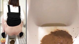 Woman takes a huge shit in a toilet while wearing a harness