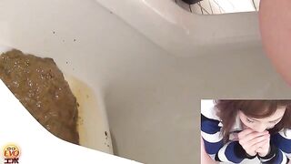 Girl in uniform takes a huge shit on the toilet