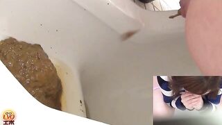 Girl in uniform takes a huge shit on the toilet