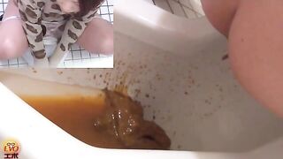 Woman with leopard print shirt shits in the toilet