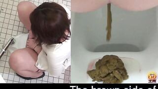 Woman takes a huge shit on the toilet in the bathroom