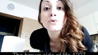 Woman in leopard print panties squats to take a shit on the bed