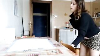 Woman in leopard print panties squats to take a shit on the bed