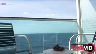 Woman drops a huge shit on a plate on a balcony