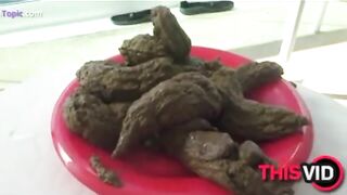 Woman drops a huge shit on a plate on a balcony