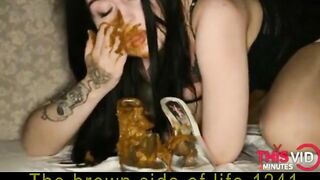 Woman eats shit from two bowls in her bedroom