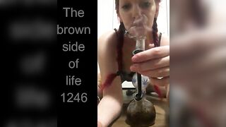 Woman bends over and takes a large shit on the floor