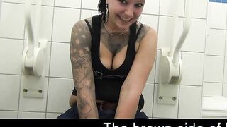 Girl in bathroom spreads ass and squats over the shower floor