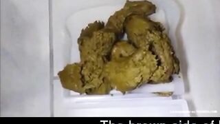 Woman in striped shirt takes a huge shit in the toilet