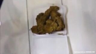 Woman in striped shirt takes a huge shit in the toilet