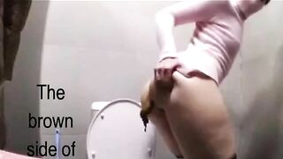 Woman shits on the toilet and wipes with a shoe