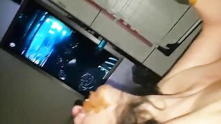 Woman in blue shirt takes a shit in bed