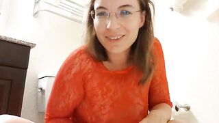 Girl in thong squats on toilet and plays with her shit