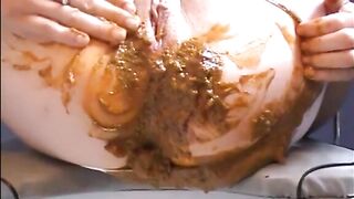 Woman shits diarrhea on white pantyhose