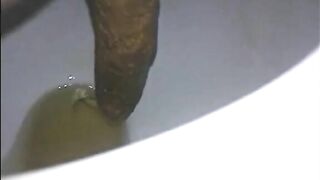 Woman shits a long turd slowly in toilet