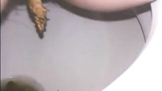 Woman shits a long turd slowly in toilet