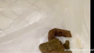 Woman takes a big shit on the floor by the toilet.