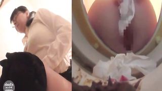 Brunette schoolgirl pooping in a public bathroom