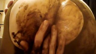Fingering her tight asshole hard with poop