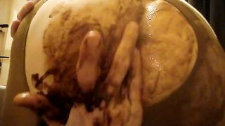 Fingering her tight asshole hard with poop