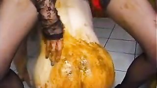 Mature man shitting on a blonde slut