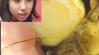 Hot Japanese babe shitting and peeing in a glass bowl