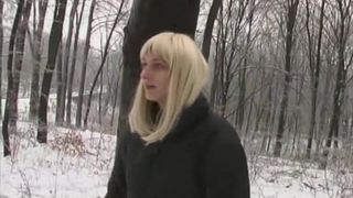 Blonde babe in black lingerie peeing