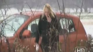 Hot babe shitting in snow outdoor