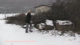 Hot babe shitting in snow outdoor