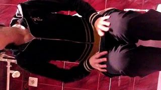 Sexy teen shitting over a toilet in restaurant