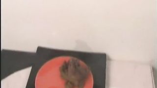 Pretty brunette shitting on a red plate