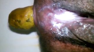 Creampied hairy wife pooping in close up