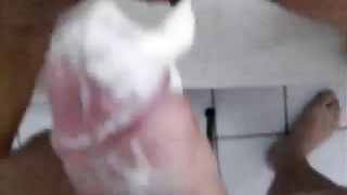 White cream on his long cock during anal sex