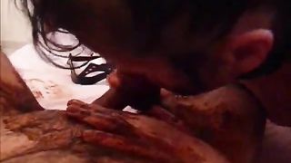 Brunette horny wife sucking and deepthroating a cock