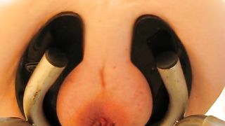 Very fat babe shitting on homemade toilet