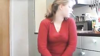 Blonde MILF peeing in her tight blue jeans