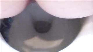 Shaved girlfriend pooping a big turd in close up