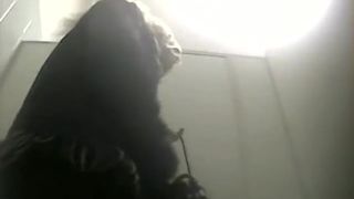 Hairy college girl using a public bathroom to take a shit