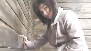 Hot Japanese secretary pooping in wooden homemade toilet
