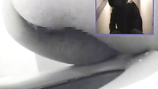 Sexy babe peeing with pressure in public bathroom