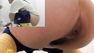 Petite maid pooping in public bathroom