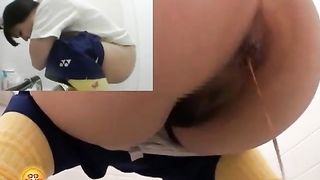 Petite maid pooping in public bathroom
