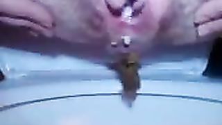 Creampied wife peeing and shitting in toilet
