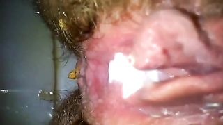 Creampied hairy woman peeing