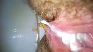 Creampied hairy woman peeing