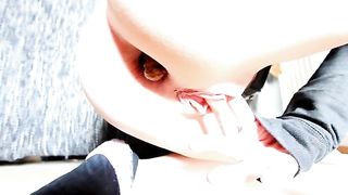 Young blonde babe pooping a huge turd
