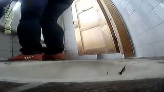 Brunette teen shitting in public bathroom