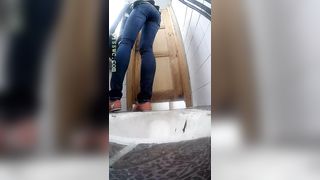 Brunette teen shitting in public bathroom