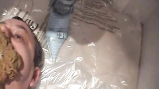 Two hot girls pooping on a male slave